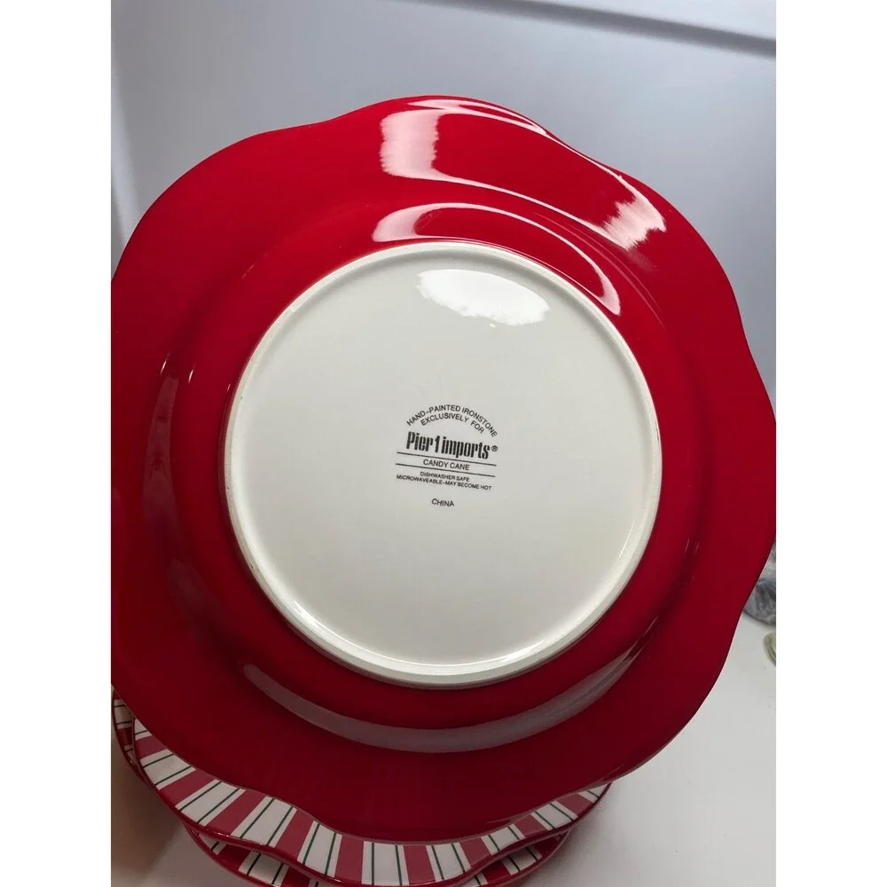 3 Pier 1 One Candy Cane 11” Dinner Plates Scalloped Edge Hand Painted Ironstone